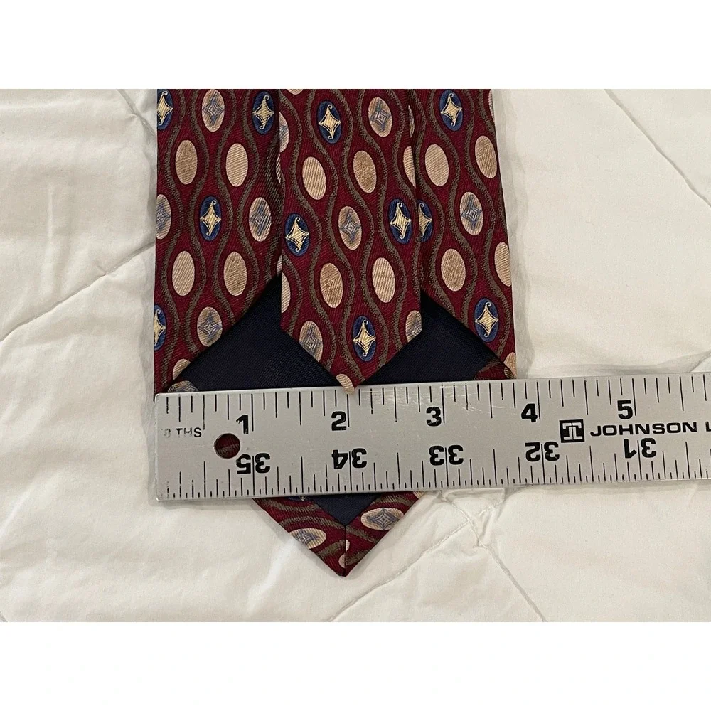 00244-JosA Bank Corporate Collection Silk Tie Burgundy Tan Blue Geometric w/ Box